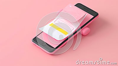 An illustration of a 3D render smartphone with a payment confirmation bill. A mobile banking app icon for UI design Cartoon Illustration