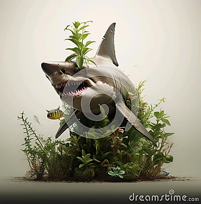 Illustration 3d of vicious shark on the plants Stock Photo