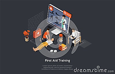 Illustration On Dark Background. Vector Composition, Cartoon 3D Style, Isometric Objects And Characters. Design On First Vector Illustration