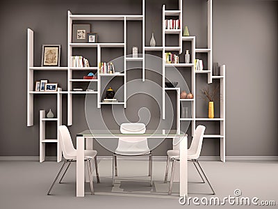 Illustration of dark room filled with white shelves Cartoon Illustration