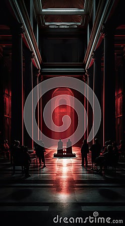 Illustration of a dark room with pillars in front of it and sculptures in the style of light orange and light crimson Stock Photo