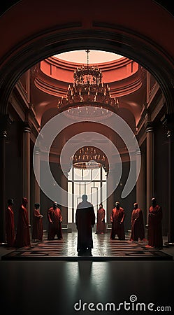 Illustration of a dark room with pillars in front of it and sculptures in the style of light orange and light crimson Stock Photo