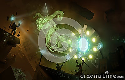 Illustration of dark silhouette characters summoning a dragon from a mysterious science fiction portal - digital fantasy painting Stock Photo