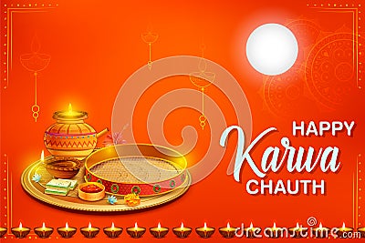 Decorated pooja thali for greetings on Indian Hindu festival Happy Karwa Chauth Cartoon Illustration