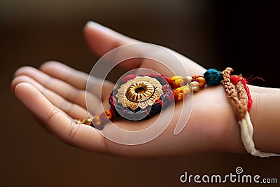 Illustration of a decorated rakhi with exquisite details on woman hand, generative ai Stock Photo