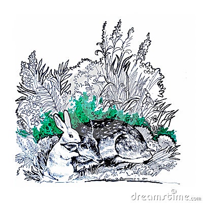 Illustration of deer and hare in the forest Stock Photo