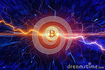 Illustration of DeFi's lightning network facilitating fast bitcoin transactions Stock Photo