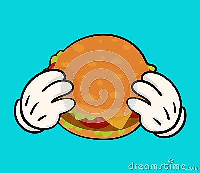 Illustration of delicious burger with holding hands. Vector Illustration