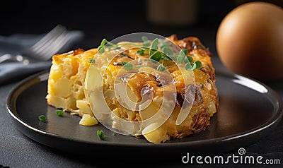 Illustration of delicious Tortilla Espanola. egg omelette and potato served as a tapa, tempting presentation. Generative AI Stock Photo