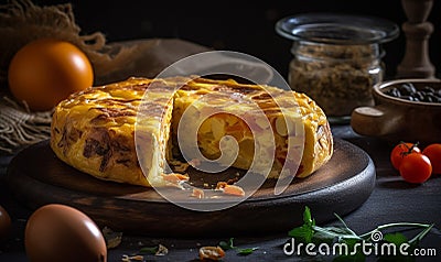 Illustration of delicious Tortilla Espanola. egg omelette and potato served as a tapa, tempting presentation. Generative AI Stock Photo