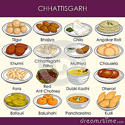 Illustration of delicious traditional food of Chhattisgarh India Vector Illustration