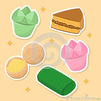 Illustration of delicious traditional Indonesia snacks sticker set collection Vector Illustration