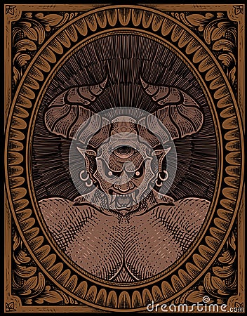 illustration demon with Engraving ornament Vector Illustration