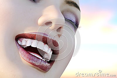 Illustration of dental care. Perfect teeth. Close-up of beautiful and healthy woman smile. 3d render Stock Photo