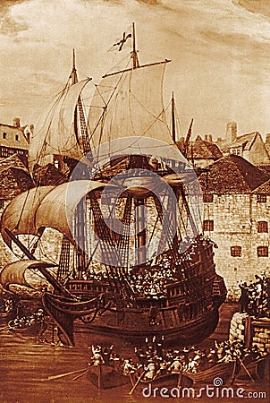 Illustration of the departure of the Mayflower Stock Photo