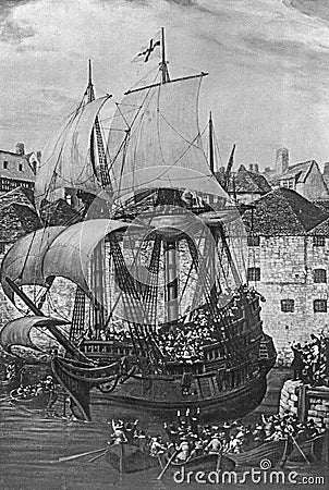 Illustration of the departure of the Mayflower Stock Photo