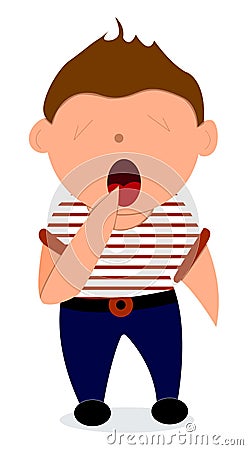 Illustration depicting a boy letting out a big yawn while stretching. In a striped T-shirt Vector Illustration
