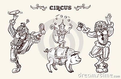 Clowns, monkey and a pig Vector Illustration