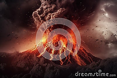 Illustration depicting an immense volcanic eruption. The fiery lava cascades down the slopes, engulfing everything in its path. Ai Stock Photo