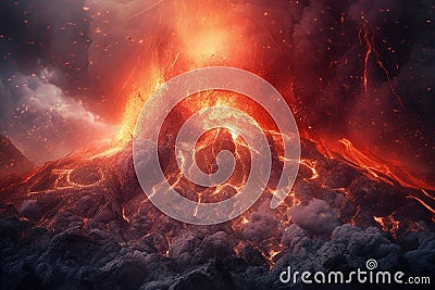Illustration depicting an immense volcanic eruption. The fiery lava cascades down the slopes, engulfing everything in its path. Ai Stock Photo