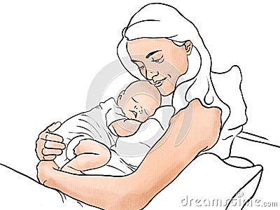 Mother cuddling with her baby Motherhood Cartoon Illustration