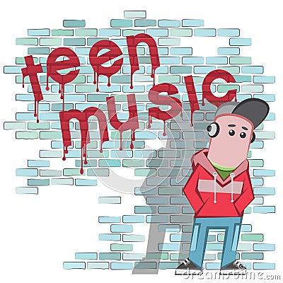 illustration depicting a teenager in headphones near a brick wall Cartoon Illustration
