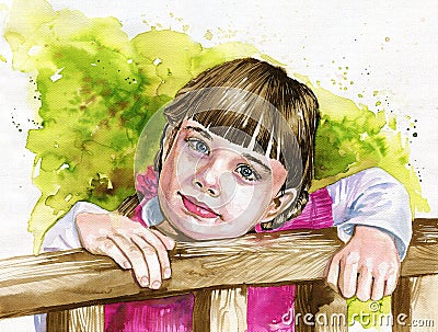 Illustration depicting a watercolor portrait of a staring gearl Stock Photo