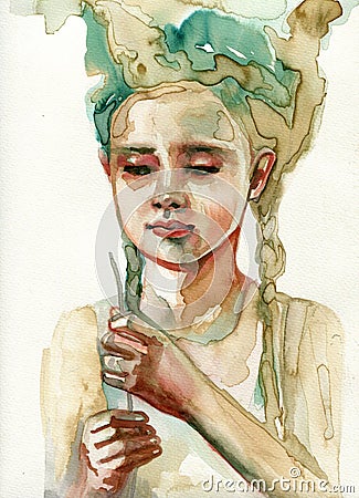 Illustration depicting a watercolor portrait of a staring woman Stock Photo