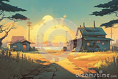 Lovely Anime Sunrise Scenery in Coastal Jungle Village Cartoon Illustration