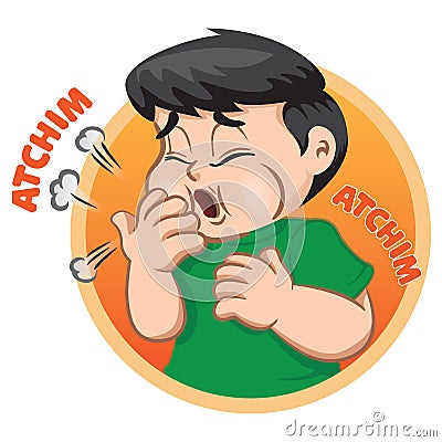 Illustration depicts a child character giving sneezing, allergy, rhinitis, flu Vector Illustration