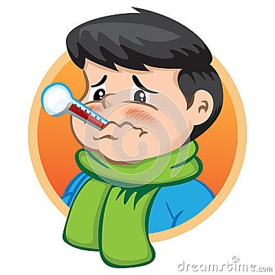 Illustration depicts a child character with thermometer in his mouth, sick, wearing winter clothing Vector Illustration