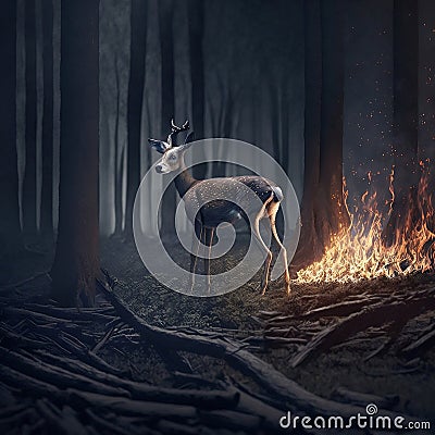 Illustration depicts a deer in a dark forest with a fire burning in close proximity Cartoon Illustration