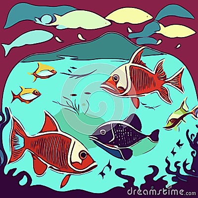 The illustration depicts fish swimming in the ocean underwater. Cartoon Illustration