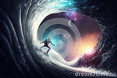 Surfing in the space Cartoon Illustration