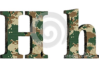 alphabet letter h uppercase and lowercase, abstract military camouflage texture font Cartoon Illustration