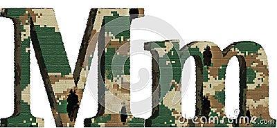 alphabet letter m uppercase and lowercase, abstract military camouflage texture font Cartoon Illustration