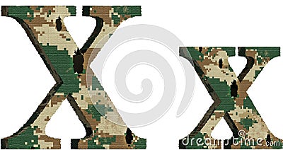 alphabet letter x uppercase and lowercase, abstract military camouflage texture font Cartoon Illustration