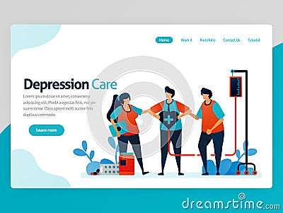 Illustration of depression care. Friends support and awareness in treatment and health therapy. Healing of mental disorders. Vector Illustration