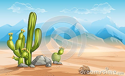 Illustration of desert with cactus on a background of mountains Vector Illustration