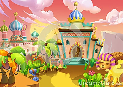 Illustration: The Desert City. The Palaces, Royal Residences. Stock Photo