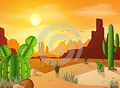 Desert landscape with cactuses on the sunset background Vector Illustration