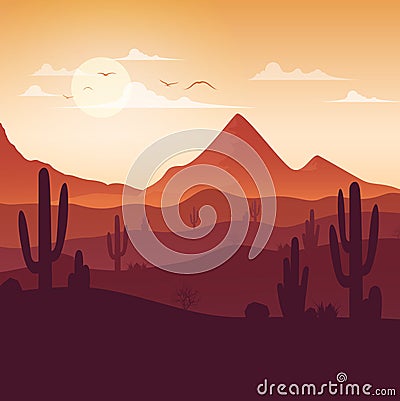 Desert landscape with cactuses on the sunset background Vector Illustration