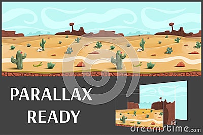 Illustration of a desert landscape ,with herbs, mountains and sky, vector unending background with separated layers. Vector Illustration