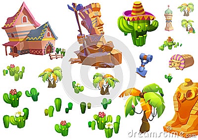 Illustration: Desert Theme Elements Design. Game Assets. The House, The Tree, The Cactus, The Stone Statue. Stock Photo