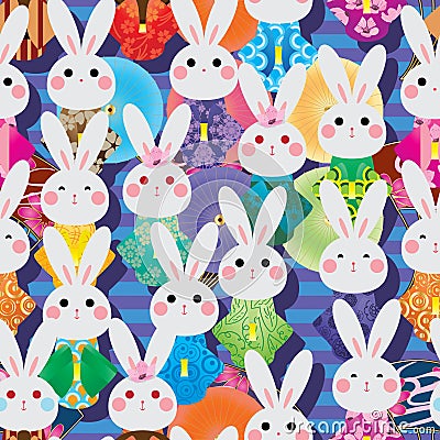 Japan rabbit Kimono many fan umbrella stripe seamless pattern Vector Illustration