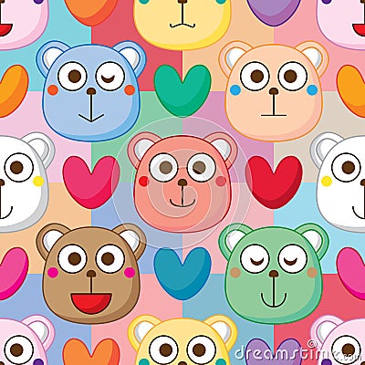 Bear head love square colorful symmetry seamless pattern Vector Illustration