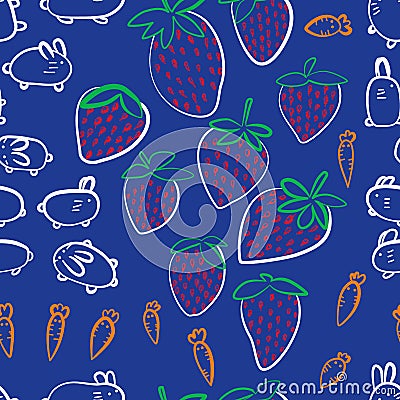 Rabbit white strawberry carrot silk screen seamless pattern Vector Illustration