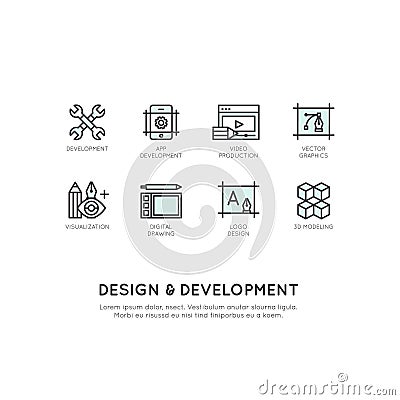 Illustration of Design and Development Tools, App, Web and Computer Developing Stock Photo