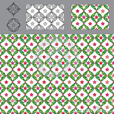 Diamond shape leaf flower symmetry seamless pattern set Vector Illustration