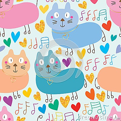 Cat cute music note walk gold glitter seamless pattern Vector Illustration